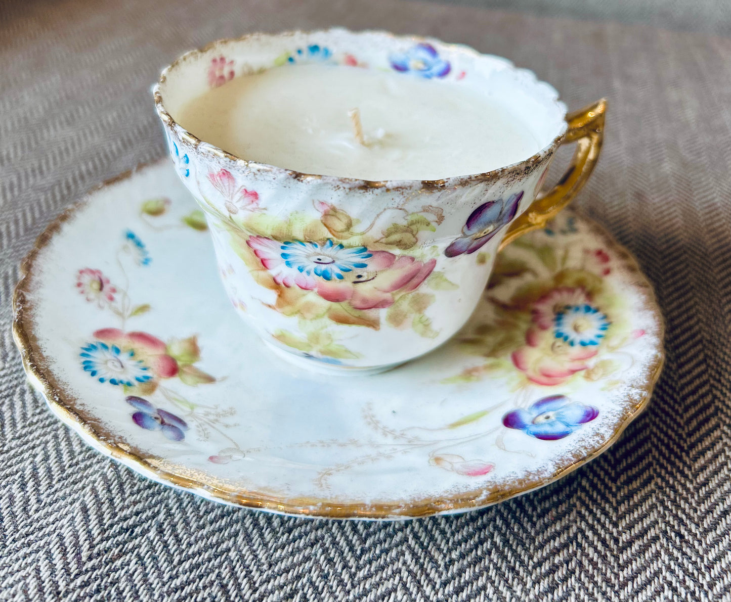 Gilded and beautiful  -  a delicate  Bohemian  bone china  cup & saucer candle