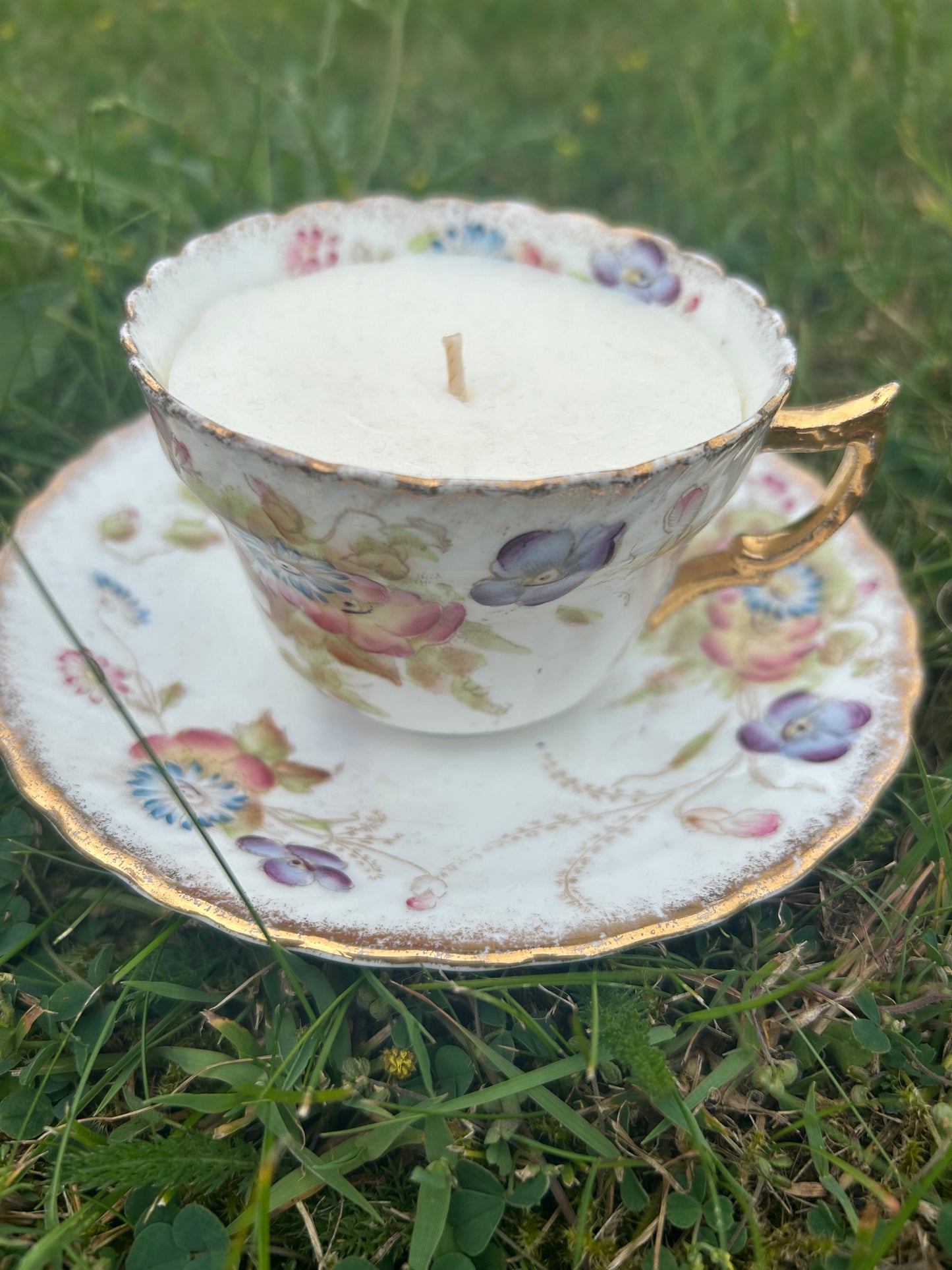 Gilded and beautiful  -  a delicate  Bohemian  bone china  cup & saucer candle